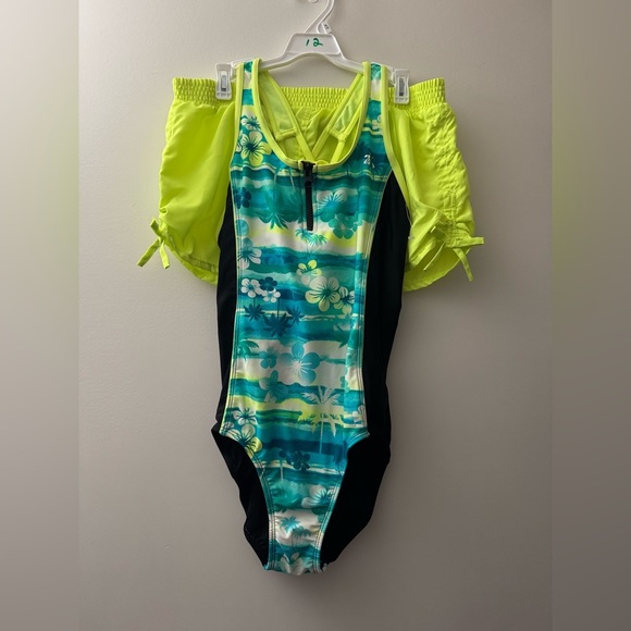 Girls Floral Swimsuit with Neon Shorts XL 16 - Picture 3 of 4